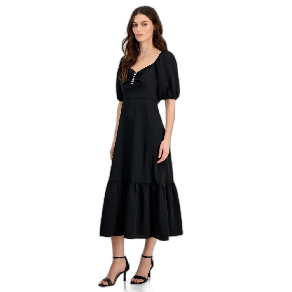 Anne Klein Jewel Accent Puff Sleeve Maxi Dress – Black – Size 2 NWT
